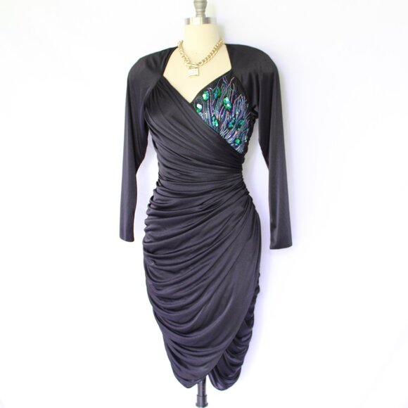 Vintage Abby Kent peacock beaded ruched draped wiggle satin black DISCO dress - Picture 6 of 10